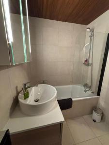 a bathroom with a sink and a bath tub at Crans-Montana Duplex Lodge in Crans-Montana +35 photos