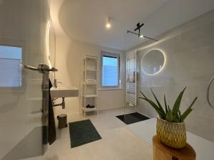 a bathroom with a sink and a shower with a plant at B71 - Appartement im Herzen des Schwarzwalds in Schramberg