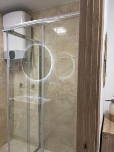 a shower with a glass door in a bathroom at HUELIN PLAYA in Málaga