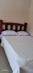 ein Schlafzimmer mit einem großen Bett mit weißer Bettwäsche und Kissen in der Unterkunft Paradise Rio Celeste 2 in Bijagua