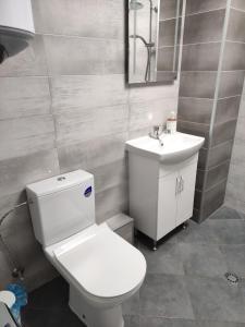 La salle de bains est pourvue de toilettes blanches et d'un lavabo. dans l'établissement Uptown Funk, à Ruse