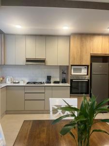 a kitchen with white cabinets and a potted plant at Gratus in Cochabamba