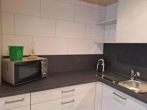 uma cozinha com um micro-ondas e um lavatório em Alpenbauernhaus Konzett em Schruns