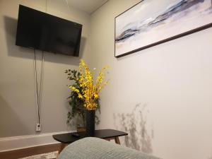 sala de estar con TV y jarrón con flores amarillas en The City-Side at Silver Lake *NEW 1-BED RM APT en Providence