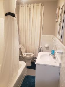 Baño blanco con aseo y lavamanos en The City-Side at Silver Lake *NEW 1-BED RM APT en Providence