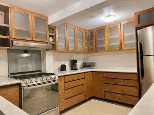 eine Küche mit Holzschränken und Küchengeräten aus Edelstahl in der Unterkunft - Casa Blanca - in Ocotlán