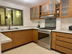 eine Küche mit Küchengeräten aus Edelstahl und Holzschränken in der Unterkunft - Casa Blanca - in Ocotlán
