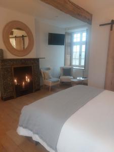 a bedroom with a bed and a fireplace and a mirror at La Ferme de Sotrez 