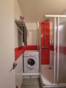 une petite salle de bains pourvue d'une douche et d'un lave-linge. dans l'établissement Appartement Aurillacois, à Aurillac