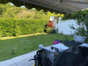 un patio trasero con una mesa de picnic y un frisbee en Tolle 3 Zimmer Wohnung mit Garten en Viena