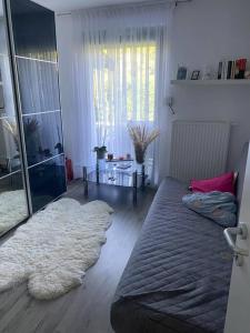 sala de estar con cama y alfombra en Tolle 3 Zimmer Wohnung mit Garten en Viena
