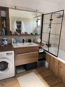 y baño con lavabo y lavadora. en Tolle 3 Zimmer Wohnung mit Garten, en Viena