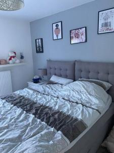 1 cama en un dormitorio con una pared azul en Tolle 3 Zimmer Wohnung mit Garten en Viena