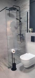 W łazience znajduje się toaleta i przeszklony prysznic. w obiekcie apartament przy plaży w redłowie w mieście Gdynia