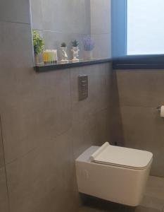 łazienka z toaletą z oknem i roślinami w obiekcie Deluxe 1 Bed Apt Ayios Dometios w mieście Ayios Dhometios