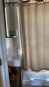 a bathroom with a sink and a shower curtain at Bonheur partagé in Lévis