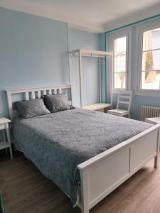 1 dormitorio con 1 cama grande y 2 ventanas en Les Géraniums Sullylois en Sully-sur-Loire