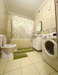 a bathroom with a toilet a sink and a washing machine at Апартаменти біля обласної лікарні in Lutsk