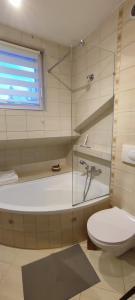 a bathroom with a tub and a toilet and a window at Apartament w Szczyrku in Szczyrk