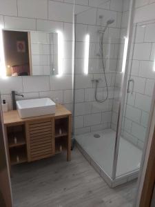 W łazience znajduje się prysznic, umywalka i prysznic. w obiekcie Garibaldi de Calais Fonctionnelle nouvelle rénovation Jardin privé w Calais