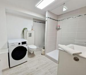 a white bathroom with a washing machine and a toilet at Meublé Flora pour voyageur pro - Centre, calme - Wi-Fi in Haguenau +47 photos