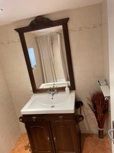 a bathroom with a sink and a mirror at Ferienwohnung im Schwedenhaus in Großpostwitz