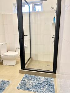 a bathroom with a shower and a toilet at Pebble Bay Garden View F3 in Grand Baie