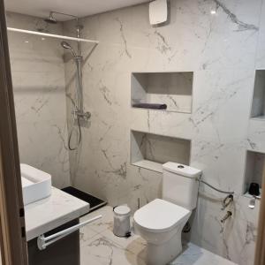 a white bathroom with a toilet and a sink at Les Hirondelles in Andolsheim