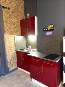 a kitchen with red cabinets and a sink at Le Velvet in Hénin-Beaumont +1 photo