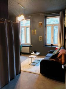 sala de estar con sofá y 2 ventanas en Le Velvet, en Hénin-Beaumont