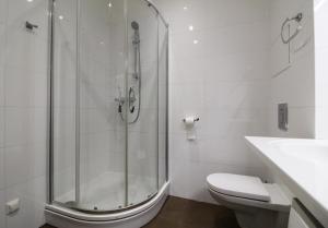 a bathroom with a shower and a toilet and a sink at Great Amber Apartment in Liepāja
