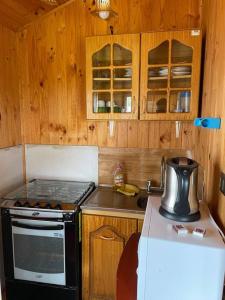 eine kleine Küche mit einem Herd und einem Kühlschrank in der Unterkunft Cabaña 4 personas en Calen Rural, Chiloé in Dalcahue