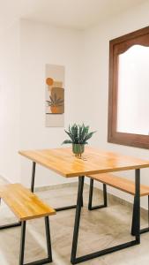 a wooden table with a potted plant on top of it at OCASSO JARDIN APARTAMENTO TURPIAL in Jardin