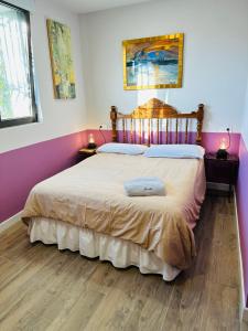 1 dormitorio con 1 cama grande y paredes de color rosa en ROSALES Apartamento y jardín en Oviedo