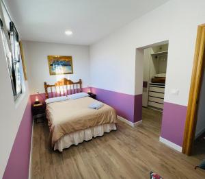 1 dormitorio con 1 cama con paredes de color púrpura y blanco en ROSALES Apartamento y jardín en Oviedo