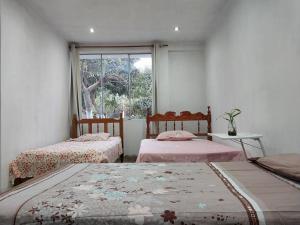 dwa łóżka w pokoju z oknem w obiekcie ¡Hermosa casa de campo rodeada de naturaleza! w mieście Lunahuaná