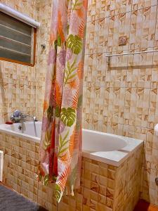 een badkamer met een bad en een douchegordijn bij GHouse in Adentan