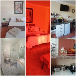 un collage de photos d'une chambre en orange dans l'établissement Beit-El BnB, à Polokwane