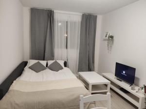 a small bedroom with a bed and a television at Anduriña in Vigo