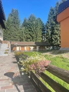 a wooden fence with a potted plant on it at LUW casa a Madonna di Campiglio in Madonna di Campiglio