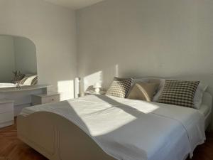 een slaapkamer met een groot wit bed met kussens bij Beautiful house surrounded by pure nature in Rogašovci