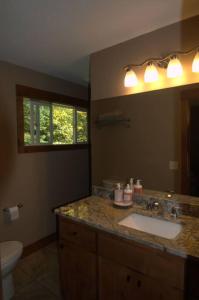 a bathroom with a sink and a mirror and a toilet at Cuyuna Lake Cabin Retreat in Ironton