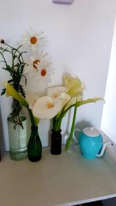 two vases with white flowers on a shelf at Semipiso Casaverde,con doble vista al mar, frente a la playa!con cochera y balcón terraza in Mar del Plata