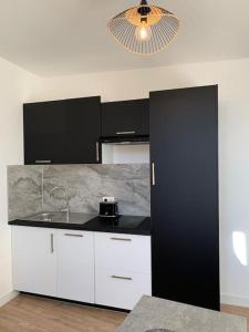 uma cozinha com um balcão preto e branco e uma luz em Lumineux appartement Capitole plein centre em Toulouse