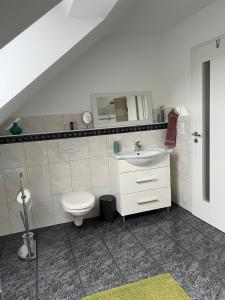 a bathroom with a toilet and a sink at Ferienwohnung Zentral in Lörrach - KONUS Gästekarte inklusive in Lörrach