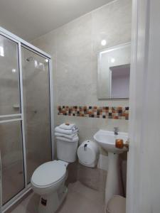 a bathroom with a toilet and a sink and a shower at Hotel Orquídea Real in Valledupar