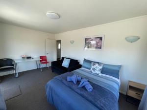 a bedroom with a blue bed and a chair at Summer Inn Motel in Orewa