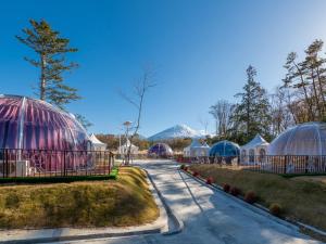 eine Reihe von Kuppeln in einem Park mit Bergen im Hintergrund in der Unterkunft Fuji Hoshizorano Mura Tabist in Narusawa