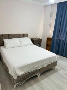 a bedroom with a large white bed with blue curtains at Ege Palace in Istanbul