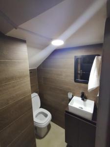 La salle de bains est pourvue de toilettes blanches et d'un lavabo. dans l'établissement La Casona Hostel, à Cochabamba
